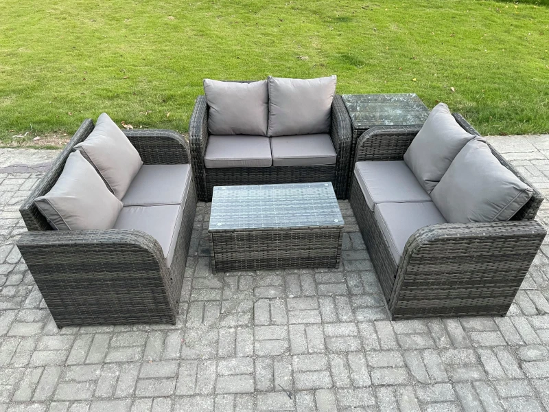 Image of Fimous Outdoor Garden Furniture Sets 6 Seater Wicker Rattan Furniture Sofa Sets with Rectangular Coffee Table Love Sofa Side Table Dark Grey