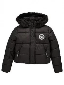 Image of Hype Girls Faux Fur Cropped Padded Jacket - Black, Size 7-8 Years, Women