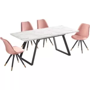 Image of 5 Pieces Life Interiors Sofia Toga Dining Set - an Extendable White Rectangular Wooden Dining Table and Set of 4 Pink Dining Chairs - Pink