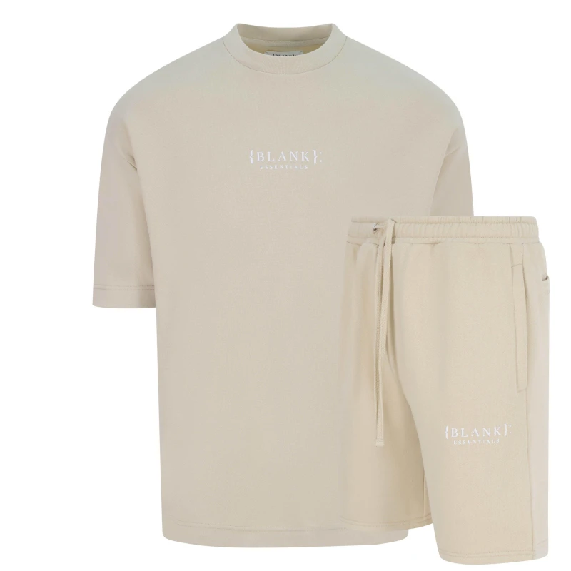 Image of Blank Essentials Blank Puff Print T-Shirt Short Set Summer Sand male Small