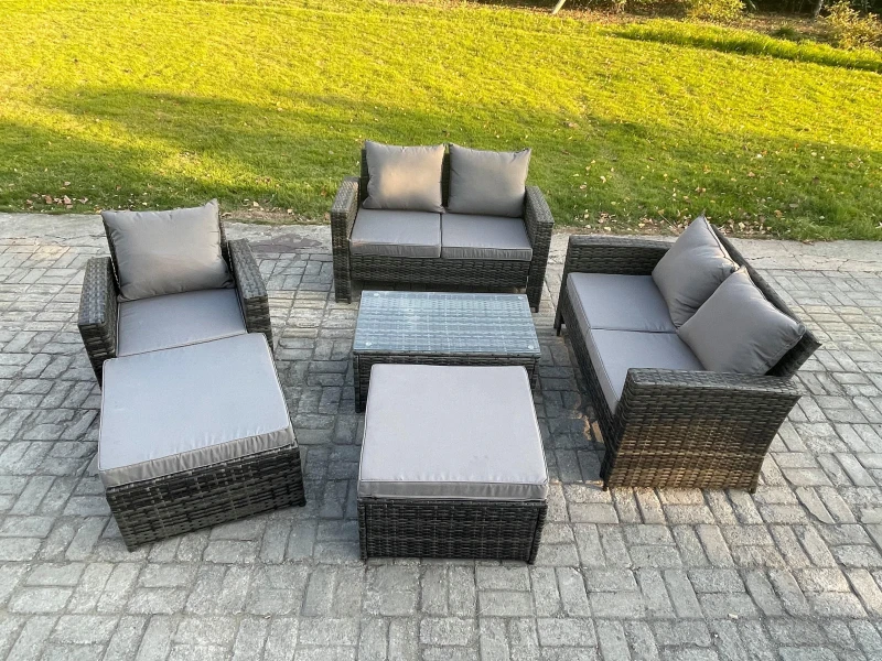 Image of Fimous Outdoor Rattan Garden Furniture Set 7 Seater Patio Lounge Sofa Set with Coffee Table 2 Big Footstool Dark Grey Mixed Dark Grey Unisex
