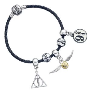 Image of Harry Potter Charm Set- Black Leather Bracelet/Deathly Hallows/Snitch/Platform/2 Spellbeads