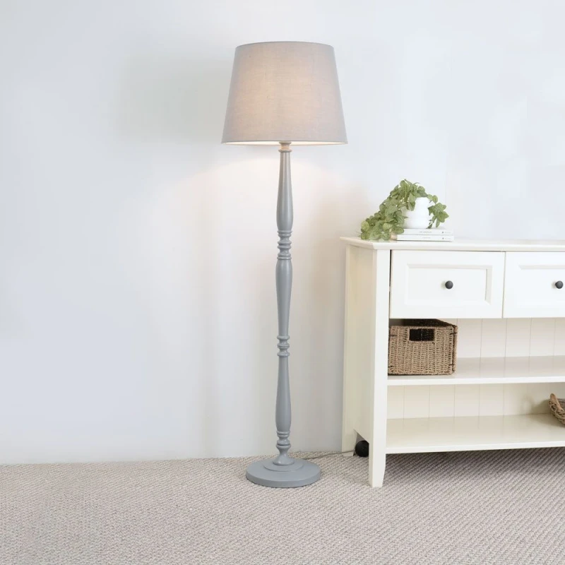 Image of ValueLights Victoria Grey Wood Traditional Stem Floor Lamp with Fabric Tapered Shade Grey