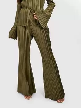 Image of Boohoo Plisse Flared Trouser - Green, Size 12, Women
