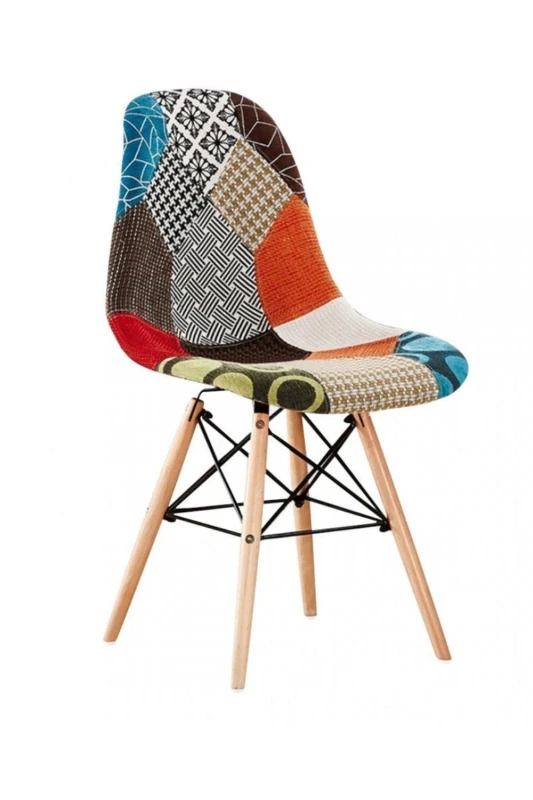 Image of Life Interiors Life Interiors Single Colorful Patchwork Accent Chair with Wooden Legs and Metal Wire Frame - Mid-Century Modern Dining Chair Multi One