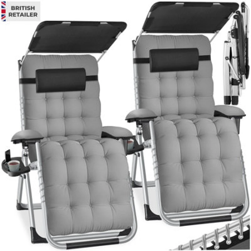 Image of Tectake Sun Lounger Cirrus With Plush Padding, Built-In Sun Shade And Folding Function - Light Grey - Set Of 2