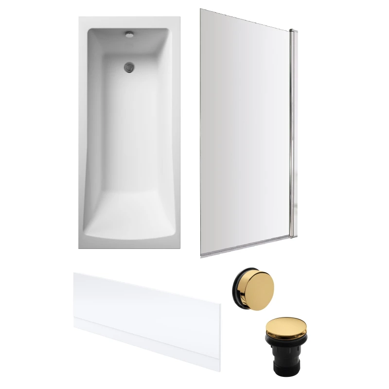 Image of Balterley Square 1700x700 Bath Set - Panel, Chrome Screen & Brass Waste in White White Unisex