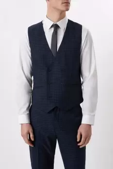 Image of Mens Slim Fit Navy Small Scale Check Waistcoat