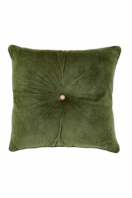 Image of Ted Baker 'TB Branded' Cotton Velvet Button Cushion in Green Size: 50cm x 50cm Green Unisex 50cm x 50 cm