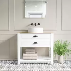Image of 850mm White Freestanding Countertop Vanity with Wood Effect Worktop and Basin - Kentmere