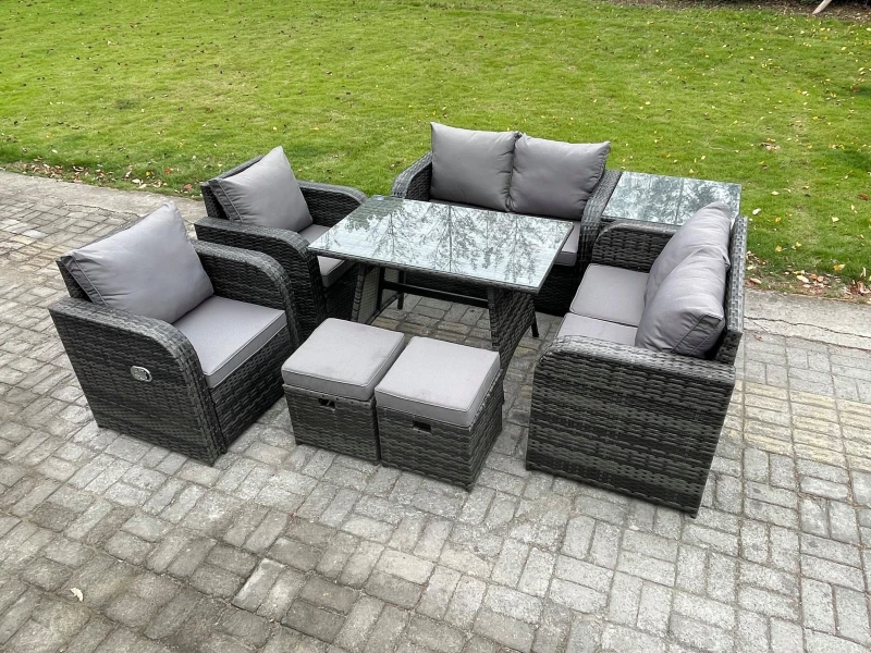 Image of Fimous Wicker PE Rattan Garden Dining Set Outdoor Furniture Sofa with Rectangular Dining Table Side Table 2 Small Footstools Dark Grey