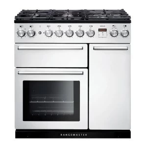Image of Rangemaster NEX90DFFWHC 106140 90cm Dual Fuel Range Cooker in White with Chrome Trim