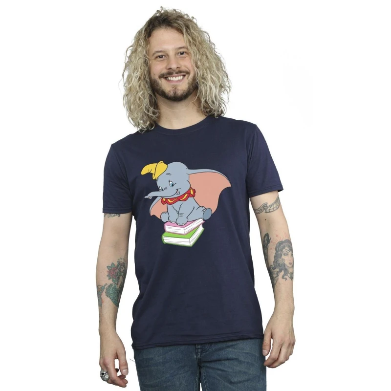 Image of Disney Men Dumbo Sitting On Books T-Shirt in Navy Size: Small Navy S Male 5063153512740