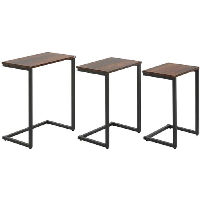 Image of HOMCOM C-Shaped Nesting Tables Set of 3 with Steel Frame, Rustic Brown Brown