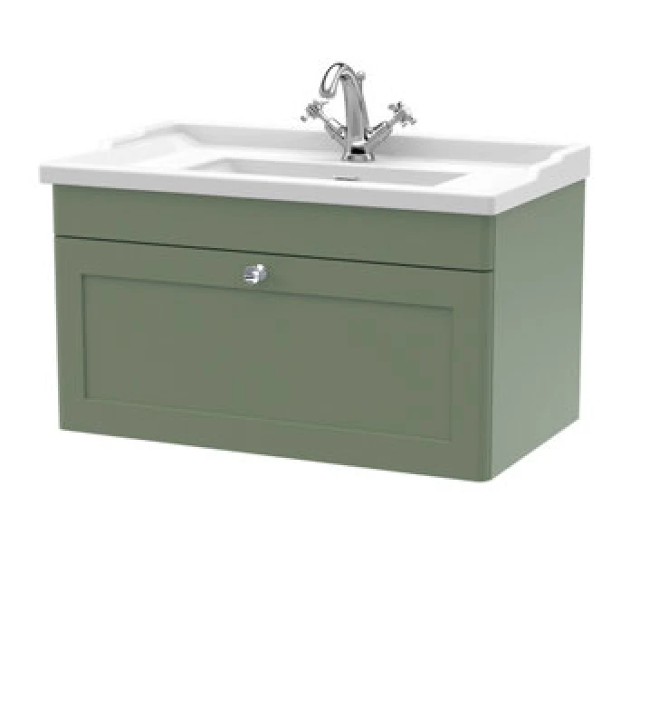 Image of NUIE Nuie Classique Wall Hung 1-Drawer Vanity Unit with Traditional Basin 800mm Wide Satin Green - 1 Tap Hole CLC896F