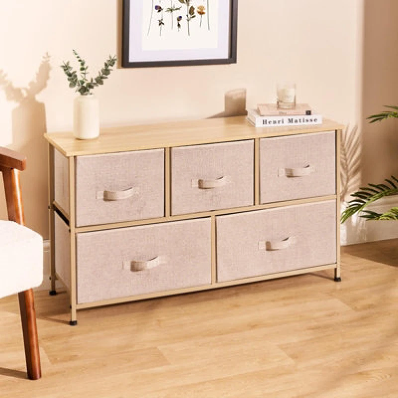 Image of OHS OHS Brooklyn 5 Chest of Canvas Drawers Organiser with Wood Top in Beige Beige One Size Unisex 5027434233717