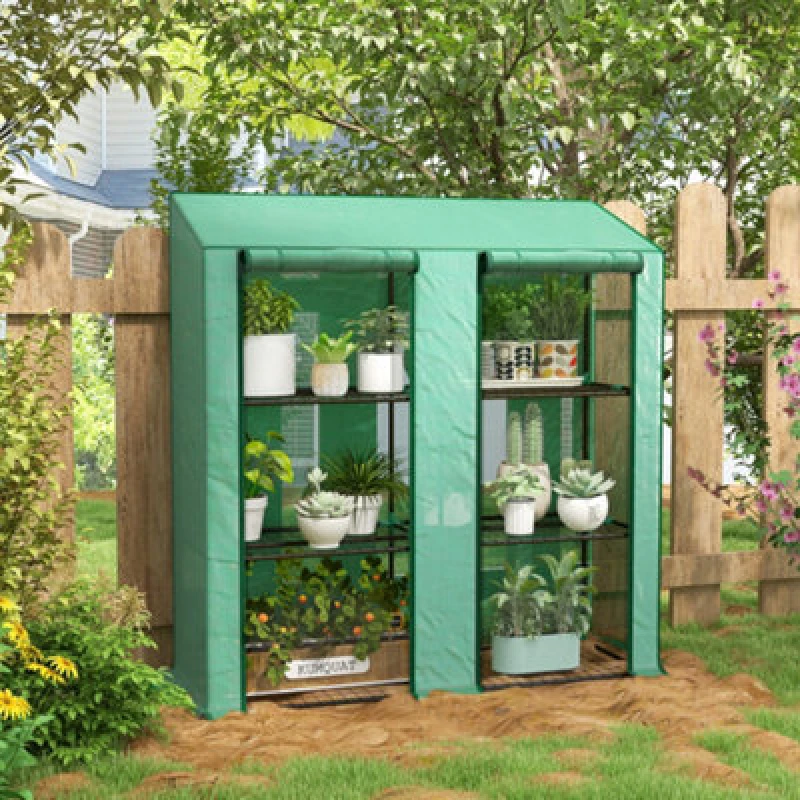 Image of OUTSUNNY Mini Green House with 3 Tier Shelves, 151H x 143W x 46Dcm, Green Size: 143.5cm x 60cm x 0.9cm Green Unisex 143.5cm x 60cm x 0.9 cm