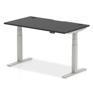 Image of Air Black Series 1400 x 800mm Height Adjustable Desk Black Top with Cable Ports Silver Leg