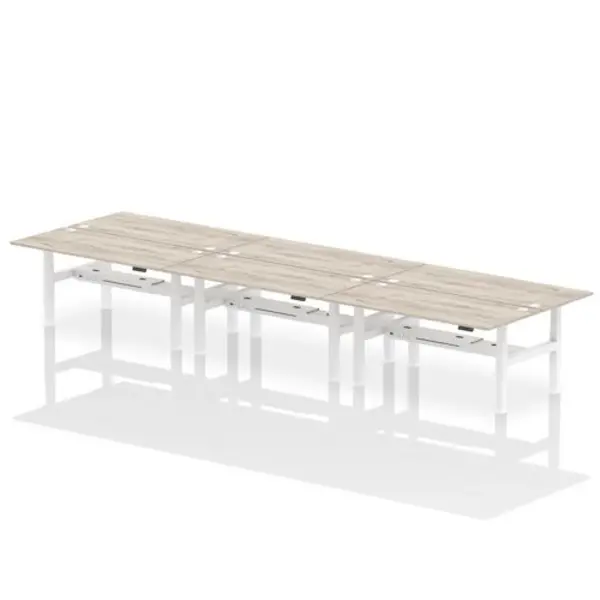 Image of Air Air Back-to-Back 1800 x 800mm Height Adjustable 6 Person Bench Desk Grey Oak Top with Cable Ports White Frame HASCP6P18800GRYW