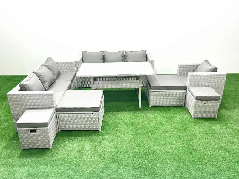 Image of Fimous Rattan Garden Furniture Dining Set 11 Seater Lounge Sofa Chair Dining Table Set with 4 Footstools Light Grey Mixed Light Grey