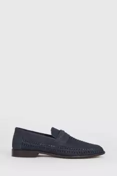 Image of Navy Leather Basket Weave Loafers