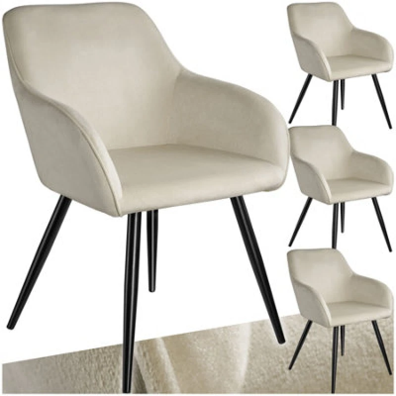 Image of Tectake Set Of 4 Dining Chair Marilyn - With Armrests, Padded, Velvet Look, Black Steel Legs - Cream/black