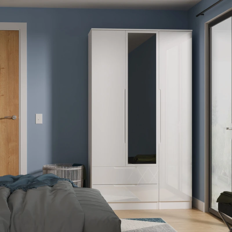 Image of Welcome Furniture Ready Assembled Milan Tall Triple 2 Drawer Mirrored Wardrobe In White Gloss & White MIL142WGW