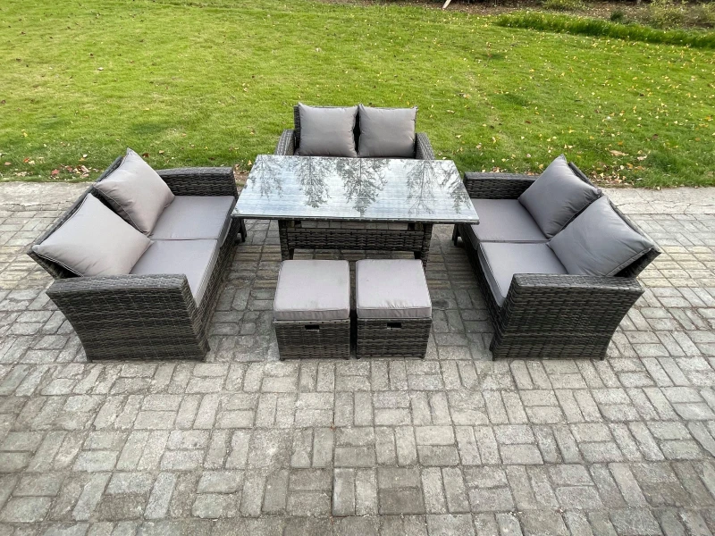 Image of Fimous Wicker PE Rattan Garden Furniture Sets Outdoor Lounge Sofa Set with Oblong Dining Table Double Seat Sofa Dark Grey Mixed Dark Grey Unisex