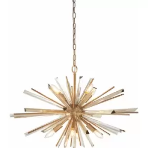 Image of Large Antique Brass Ceiling Pendant Light - 8 Bulb Hanging Fitting - Prism Glass