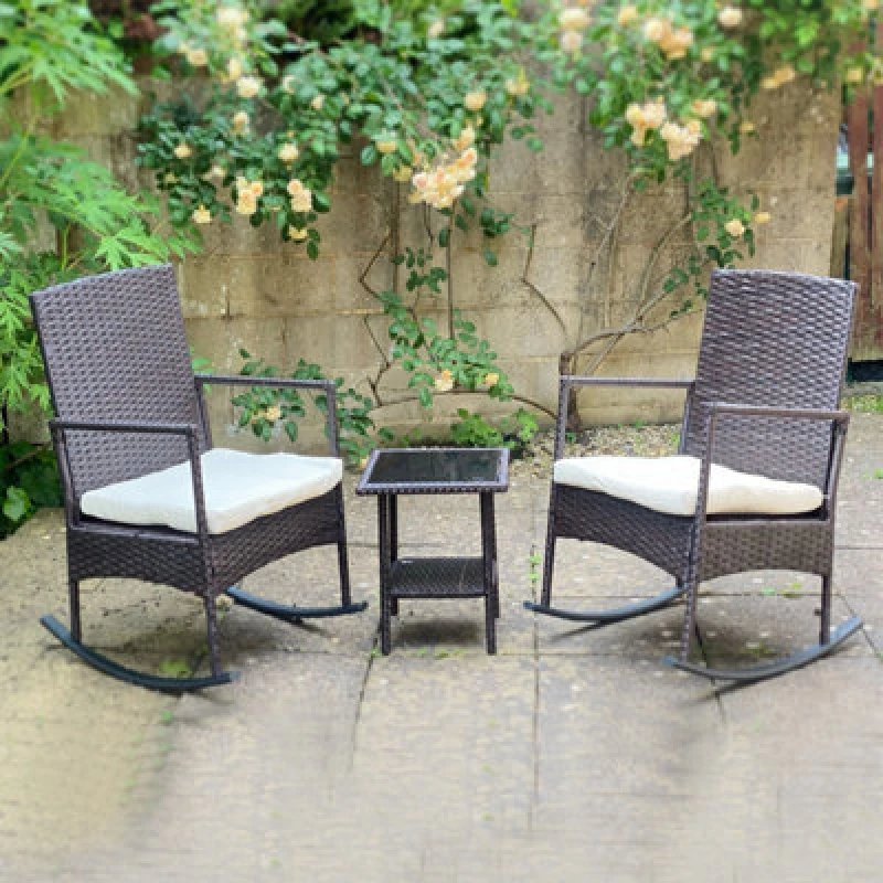 Image of 3 Piece Outdoor Rattan Bistro Set, 2 Seater Patio Rocking Chairs With Glass Top Coffee Table