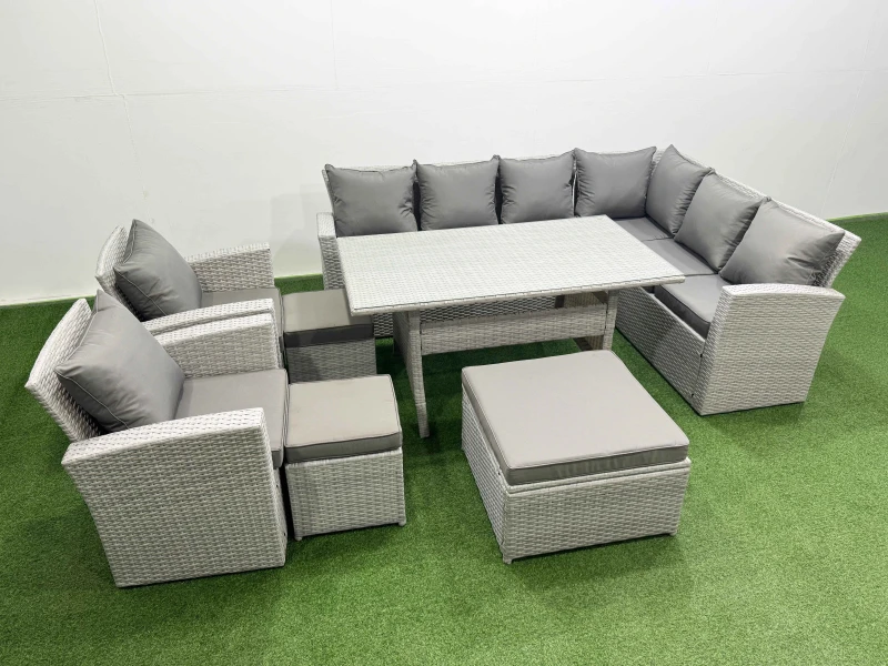 Image of Fimous Rattan Garden Furniture Set Outdoor 11 Seater Dining Corner Sofa Sets in Light Grey Light Grey Unisex