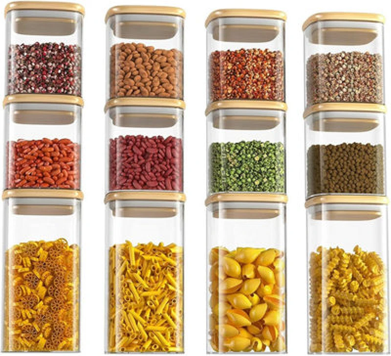 Image of NEO DIRECT Neo Set of 12 Square Glass Storage Jars with Bamboo Lids Airtight Glass Canisters RECT-TALL-12PC