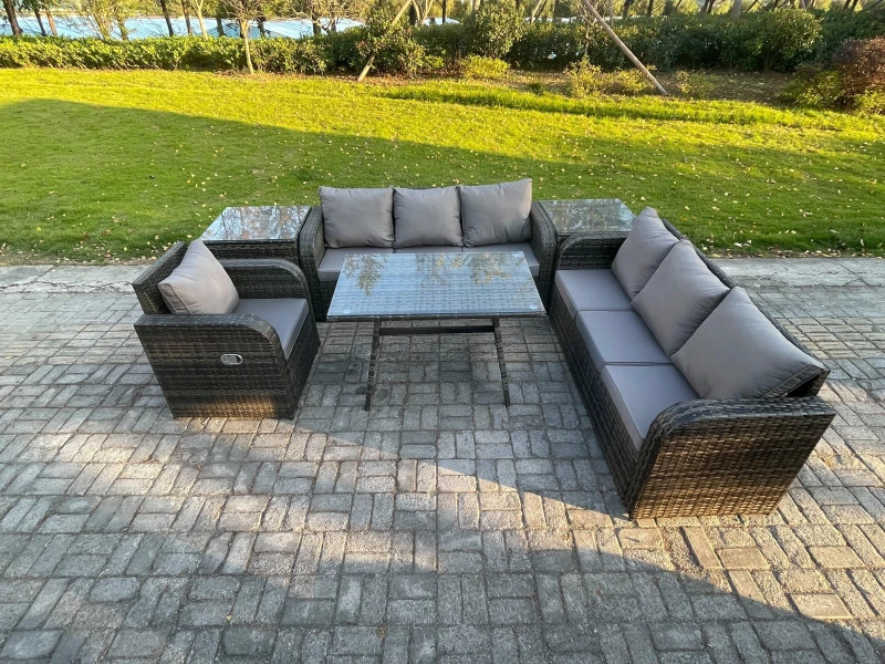 Image of Fimous Outdoor Lounge Sofa Set Wicker PE Rattan Garden Furniture Set with Rectangular Dining Table Reclining Chair 2 Side Tables Dark Grey Mixed Dark