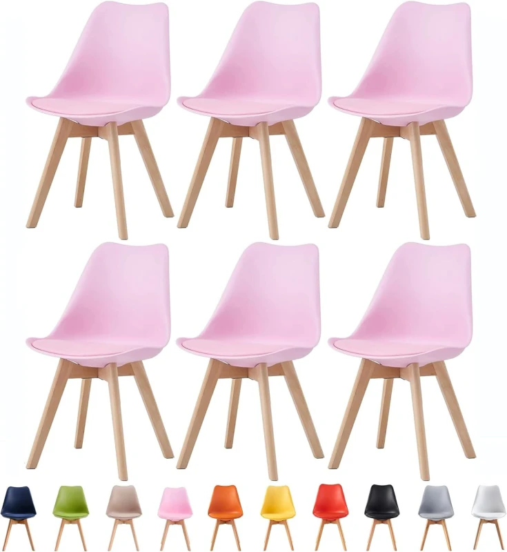 Image of MCC Direct Set of 6 Dining Chairs with Solid Wooden Legs & Seat Cushion Pads in Grey - Eva by MCC in Pink Pink Unisex