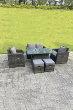 Image of Fimous 4 Seater Outdoor Dark Grey Rattan Lounge Complete Sofa Set with Adjustable Dining Table and 2 Stools