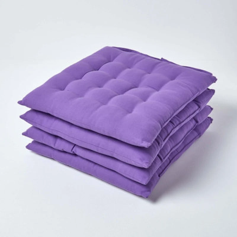 Image of Homescapes Purple Seat Pads 100% Cotton Chair Cushions 40X40 Cm, Set Of 4 Plain Chair Pads For Dining, Kitchen Or Garden Outdoor