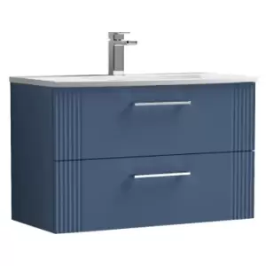 Image of Nuie Deco Satin Blue 800mm Wall Hung 2 Drawer Vanity Unit with 30mm Curved Profile Basin - DPF395G - Satin Blue