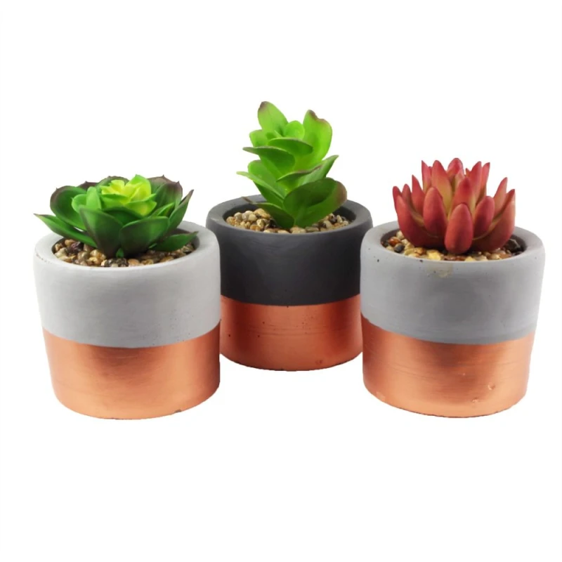 Image of Leaf 14cm Set of Three Stoneware Mini Copper Band Planters with Artificial Succulent Plants Red unisex