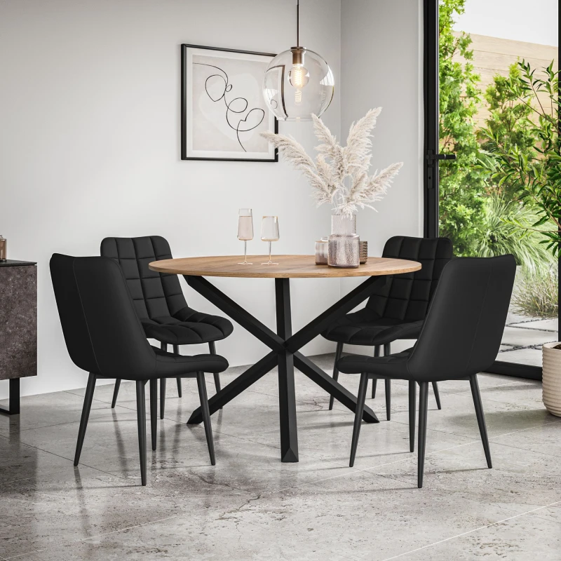 Image of More4Homes Malvern Round Dining Table And Chairs - Oak Table Top W Solid Black Oak Legs + Nova Faux Leather Dining Chair Set Of 4 (Black)