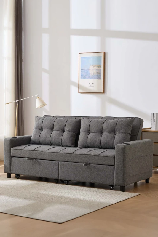 Image of More4Homes Hudson 3-Seater Sofa Bed Linen Fabric With Cup Holders Grey