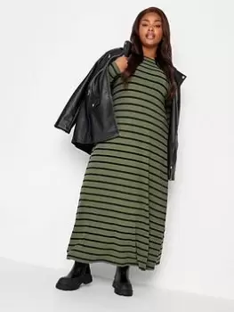 Image of Yours Yours Long Sleeve Rib Swing Stripe Dress. Khaki/black, Green, Size 20, Women