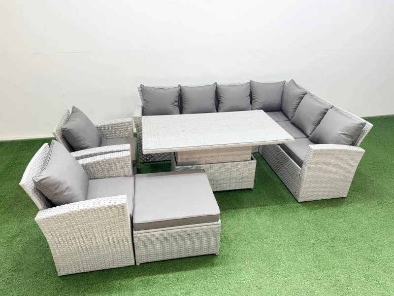 Image of Fimous 9 Seat Rattan Garden Furniture Corner Sofa Set with Stool Light Grey Light Grey Unisex