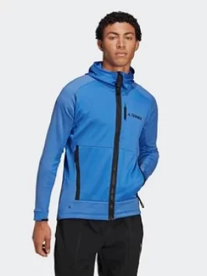 Image of adidas Terrex Tech Flooce Hooded Hiking Fleece Jacket, Blue Size M Women