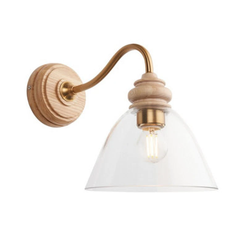 Image of Cotswold Dome Wall Lamp Natural Ash, Brushed Aged Brass Plate, Clear Glass , 1x E14