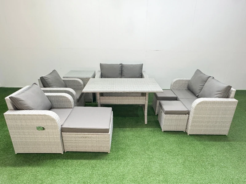 Image of Fimous 9 Seater Outdoor Reclining Chair Love Sofa Set Rattan Garden Furniture Set with Rectangular Dining Table 3 Stools Side Table Light Grey Light G