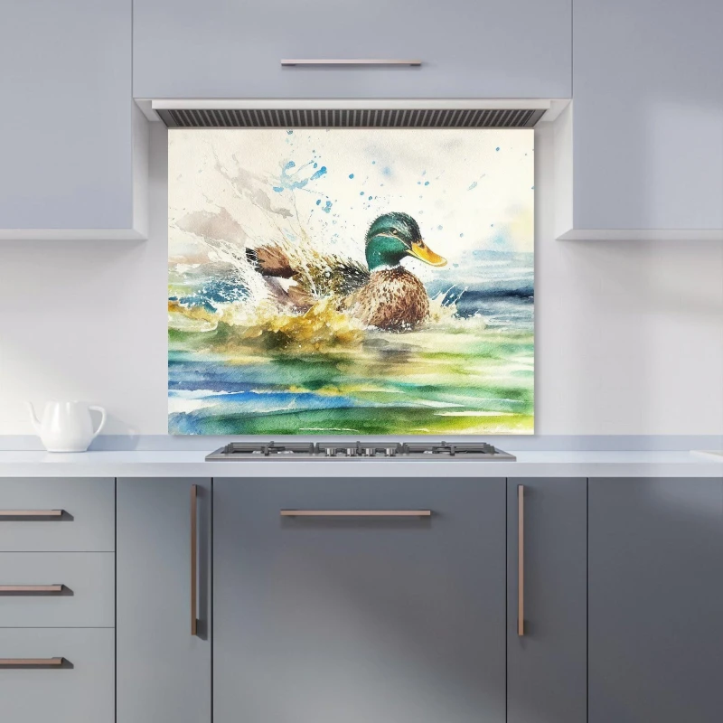 Image of Warren Reed - Designer Splashing Mallard Watercolour Kitchen Splashback in Brown Size: 700mm x 650mm Brown Unisex 700mm x 650mm