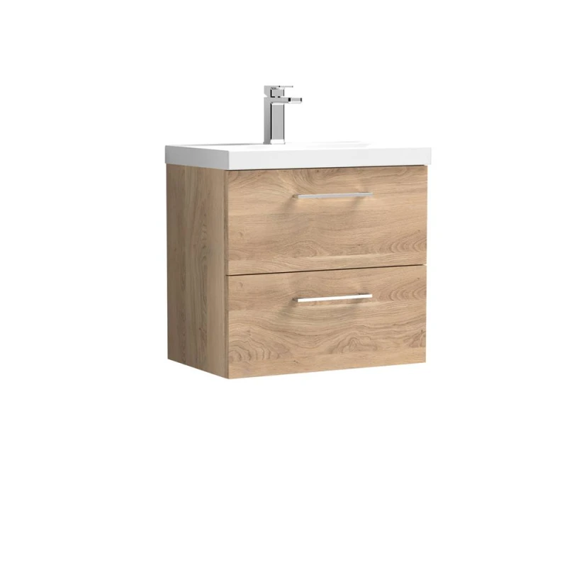 Image of Balterley Contemporary Bathroom Wall Hung 2 Soft-Close Drawer Vanity Unit with Mid-Edge Ceramic Basin, Bleached Oak, 600 mm in Brown Brown Unisex