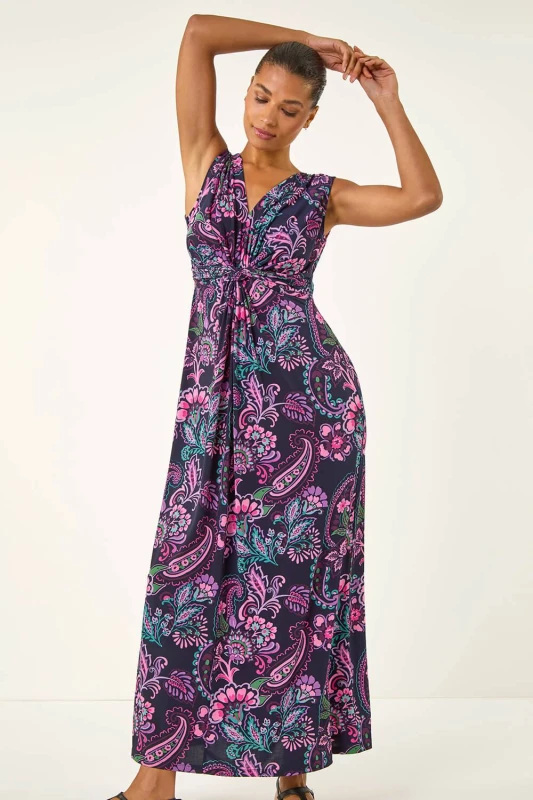 Image of Roman Womens Paisley Twist Front Maxi Dress Size: 16 Multicolor Female 16