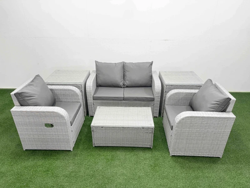 Image of Fimous Light Grey PE Wicker Rattan Garden Furniture Set Sofa Set Reclining Adjustable Chair Rectangular Coffee Table 4 Seater With 2 Side Table Light