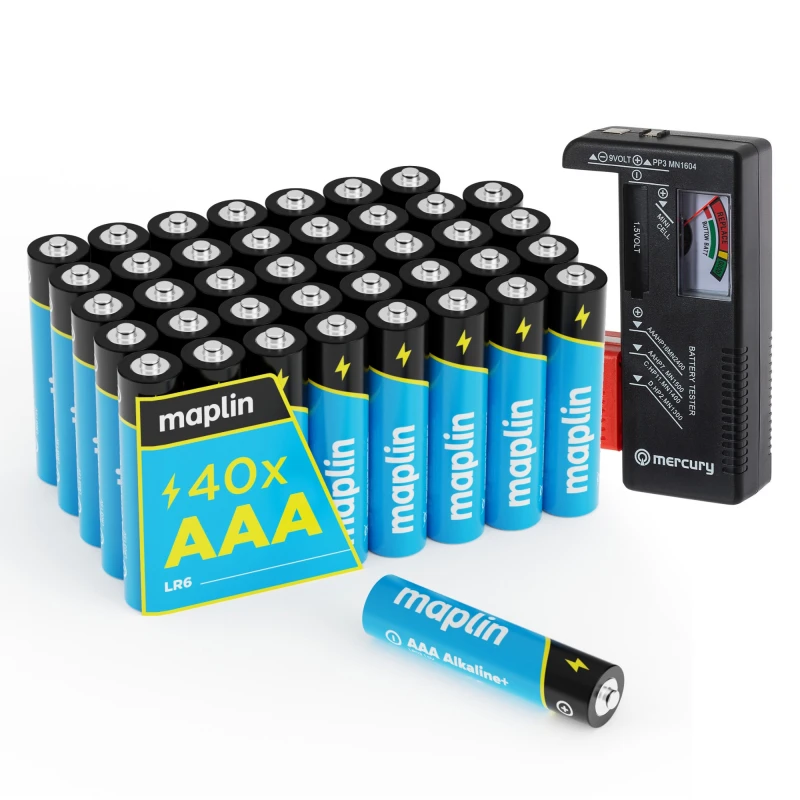 Image of Maplin Maplin 40x AAA LR03 7 Year Shelf Life 1.5V High Performance Alkaline Batteries with Universal Battery Tester LR03X40+TESTER